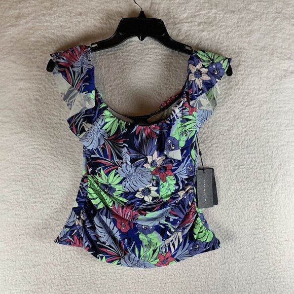 Tommy Hilfiger Tankini Top Womens XS Multicolor Printed Ruffled Off The Shoulder - Picture 1 of 10